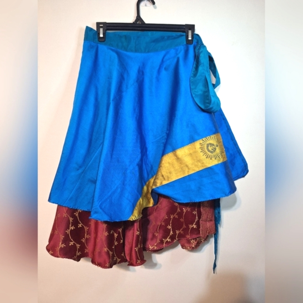 Darn good yarn Xl recycled sari reversible boho wrap skirt blue red gold